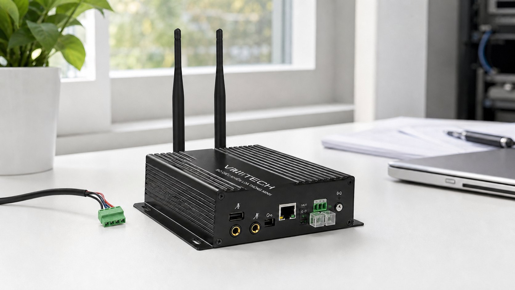 Bộ điều khiển loa truyền thanh thông minh VNI Tech có anten và cổng kết nối mạng